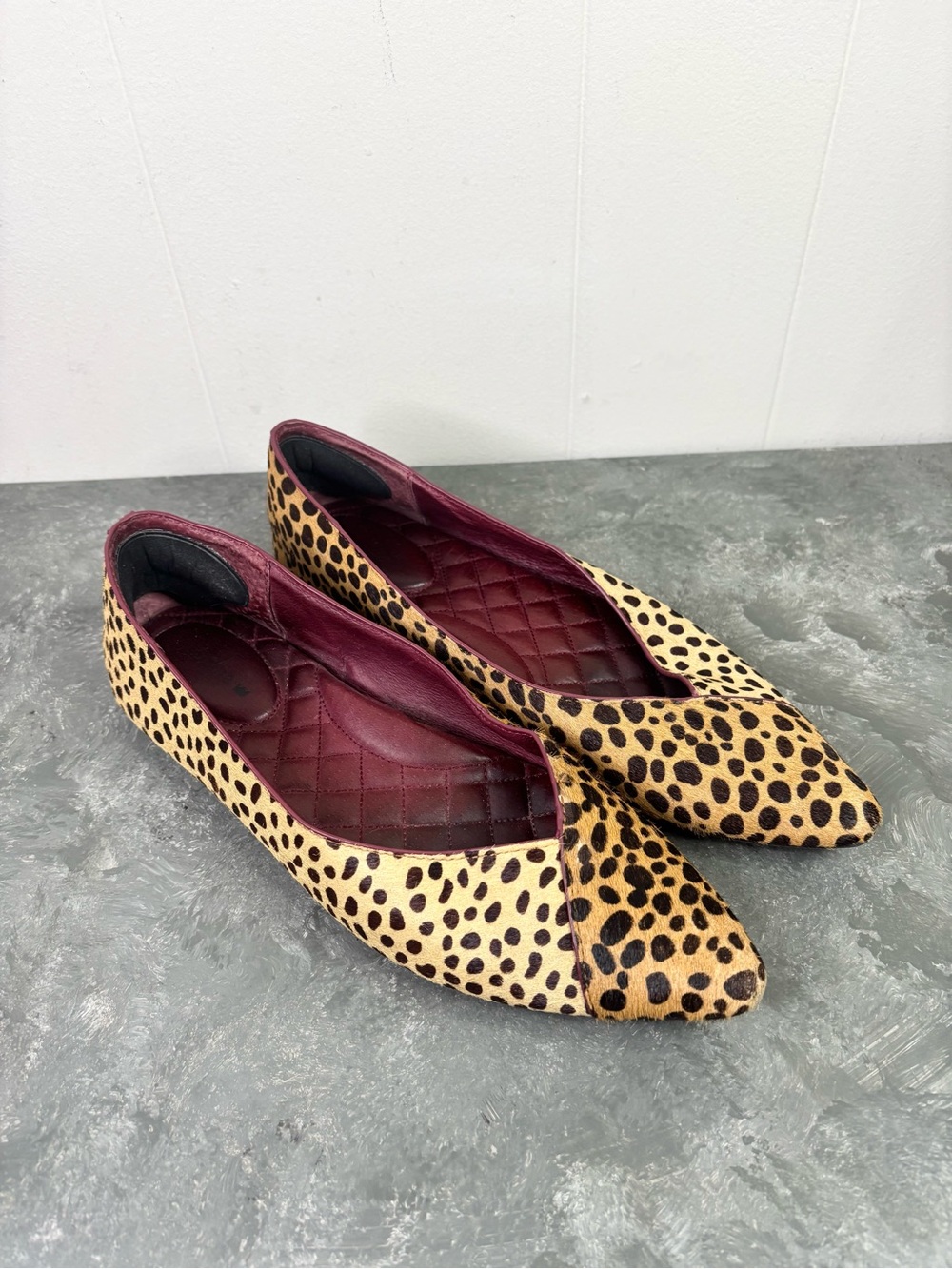 Birdies The Goldfinch flats cheetah print calf hair quilted red lining size 8